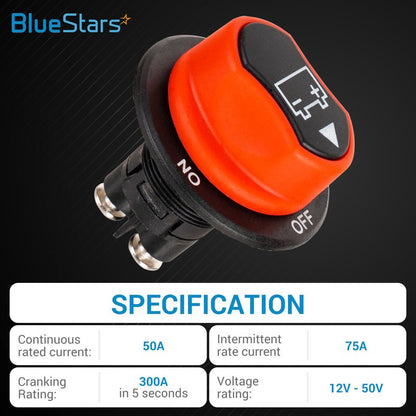 BlueStars Battery Isolator Selector Switch for Boat 50A Continuous 75A Intermittent 12V to 50V Water-Proof ON/Off Boats, Marines, Cars, Vehicles, Campers, RV, Motorcycles, Yachts