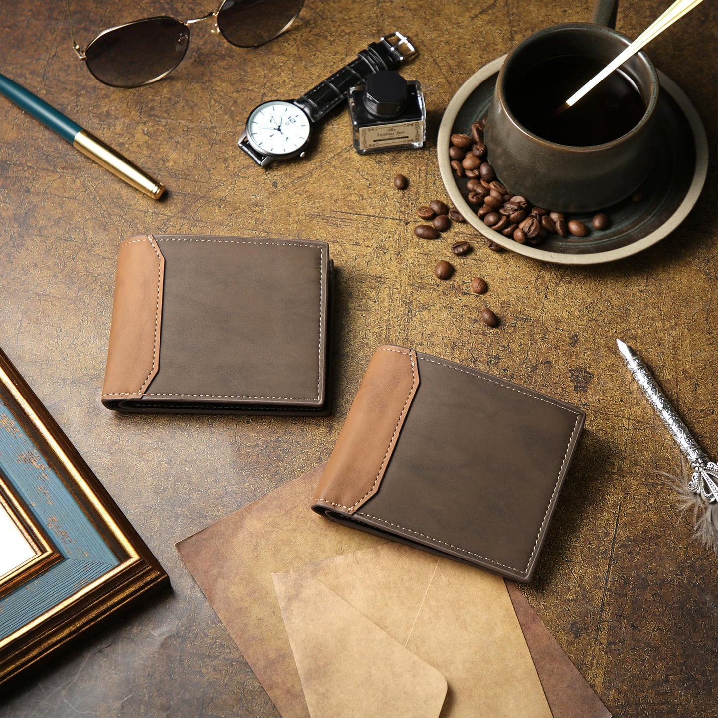 Paterr 12 Pcs Leather Photo Wallet for Men PU Leather Bifold Wallets with Pockets for DIY Christmas Gifts for Dad Husband Son(Brown, Coffee)