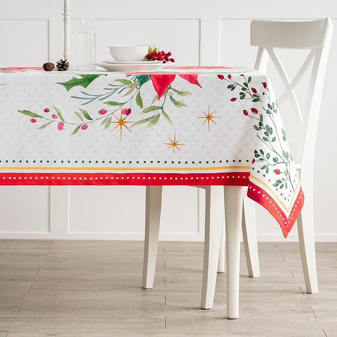 Maison d' Hermine Table Cloth Rectangle Table 100% Cotton 70 x 108 Inches Fall Tablecloth Reusable Everyday Use for Thanksgiving Christmas Decorations Dining Farmhouse Party (Poinsettia Christmas)