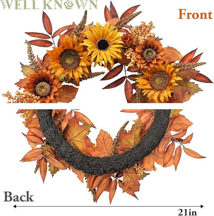 WELL KNOWN 21 Inch Burnt Orange Sunflower Wreaths for Front Door, Summer and Fall Door Wreath, Handmade Silk Sunflower Decor for Home Party Festival Wedding Decor