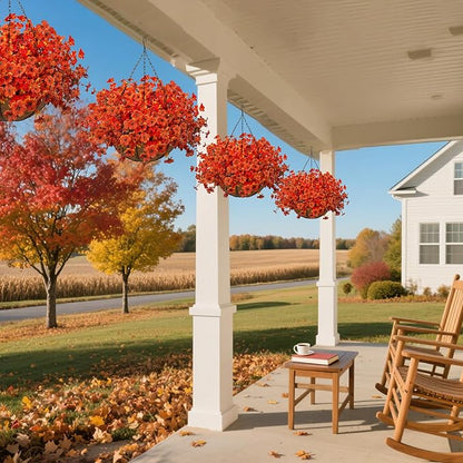 Artificial Fall Flowers with Hanging Baskets Outdoors for Decoration Faux mums for Outdoor planters Fake Mums Artificial Hanging Plants UV Resistant for Autumn Porch Home Patio Decor (Harvest Orange)