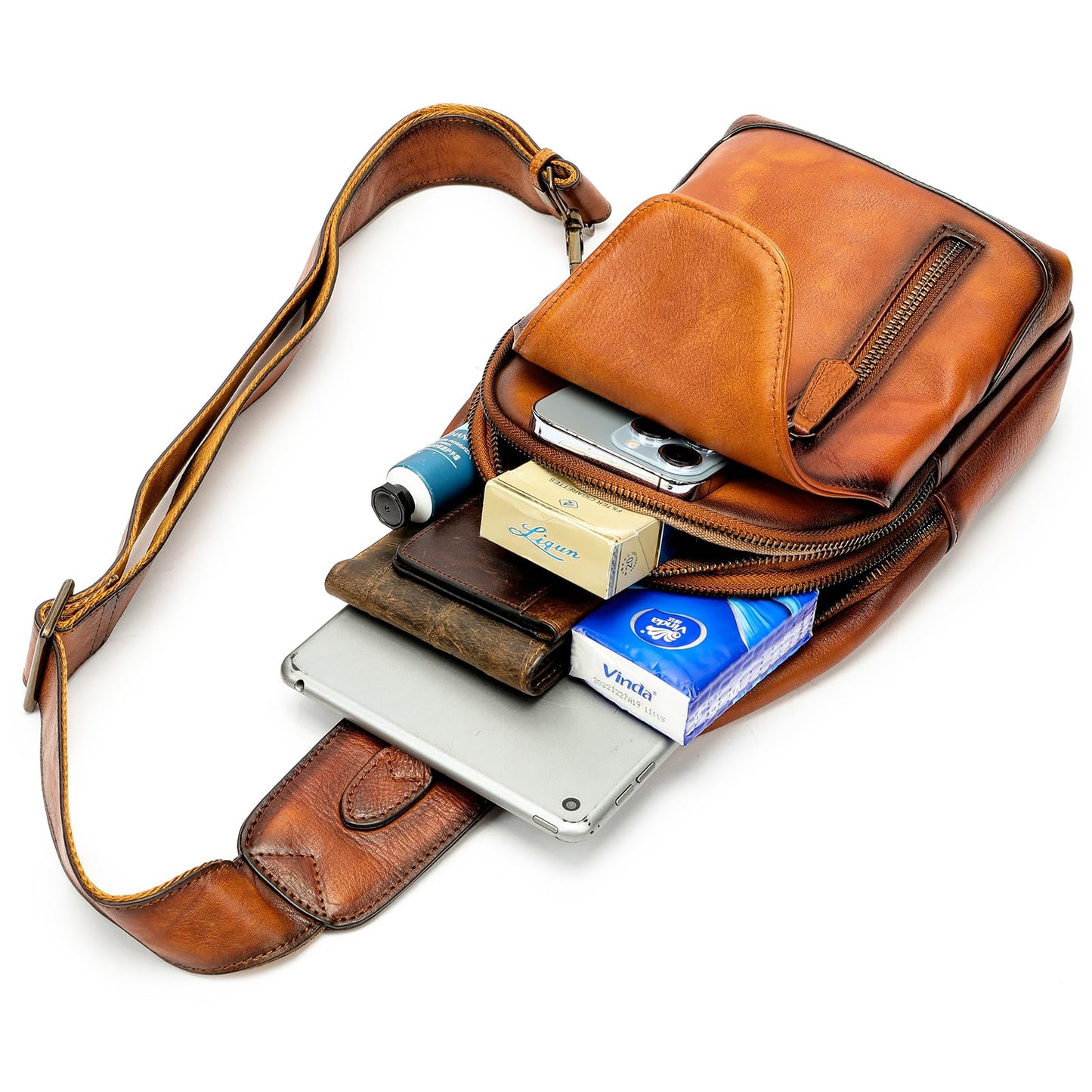 NIUCUNZH Genuine Leather Crossbody Sling Bag Handmade Classic Vintage Shoulder purse daypack Backpack Brown