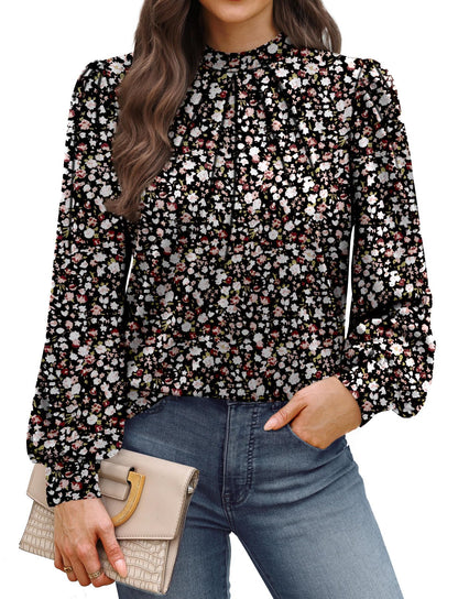 WIHOLL Long Sleeve Shirts for Women Mock Neck Tops Pleated Front Blouses Dressy Casual Fall Clothes 2025 Fashion