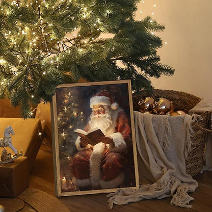 Framed Vintage Christmas Canvas Wall Art, Santa Claus Reading Book Paintings Wall Decor, Rustic Winter Holiday Pictures Prints for Living Room Bedroom Home Decoration 8×10 inch