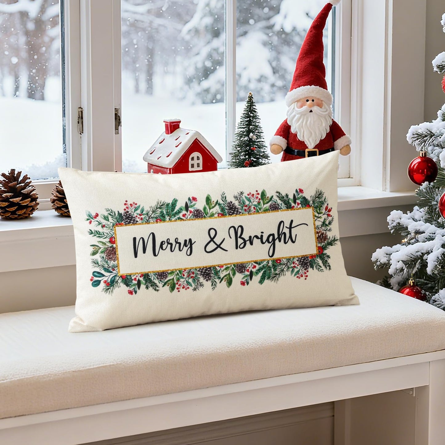 OTOSTAR Merry Bright Christmas Decor Pillow Cover 12x20 Inch Lumbar Decorative Throw Pillow Case Eucalyptus Mistletoe Winter Holiday Rectangle Cushion Cover for Couch Bed Sofa Decor (Merry & Bright)