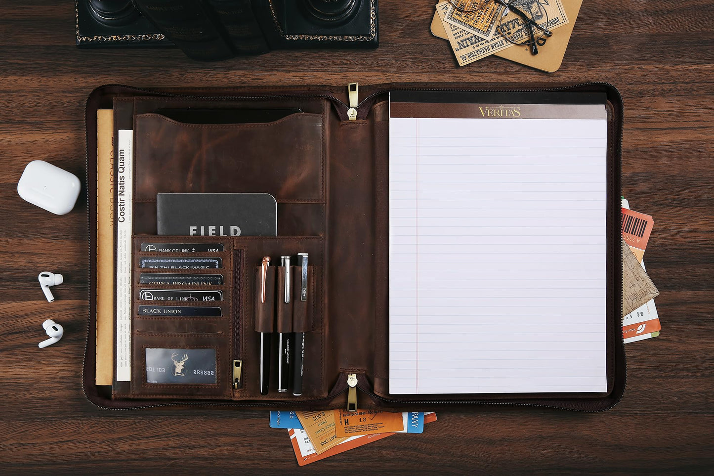 Handmade Genuine Leather Portfolio Organizer for IPad/Document, Business Padfolio with A4 Leather Notepad Holder, Leather Compact Folder Conference Portfolio for Men and Women, Dark Khaki
