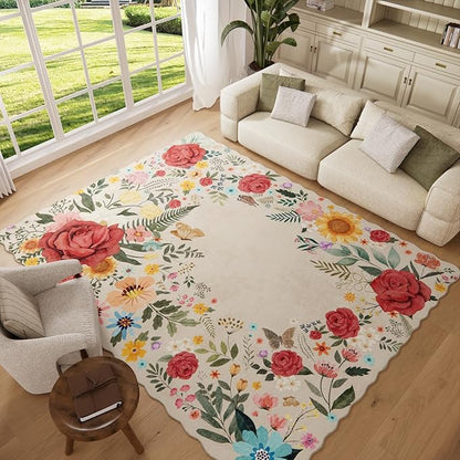 Washable Rugs for Living Room: 8x10 Area Rugs for Bedroom Soft Ultra Thin Stain Resistant Non Slip Low Pile Lightweight Vintage Floral Carpet for Dining Room Decor (Beige)