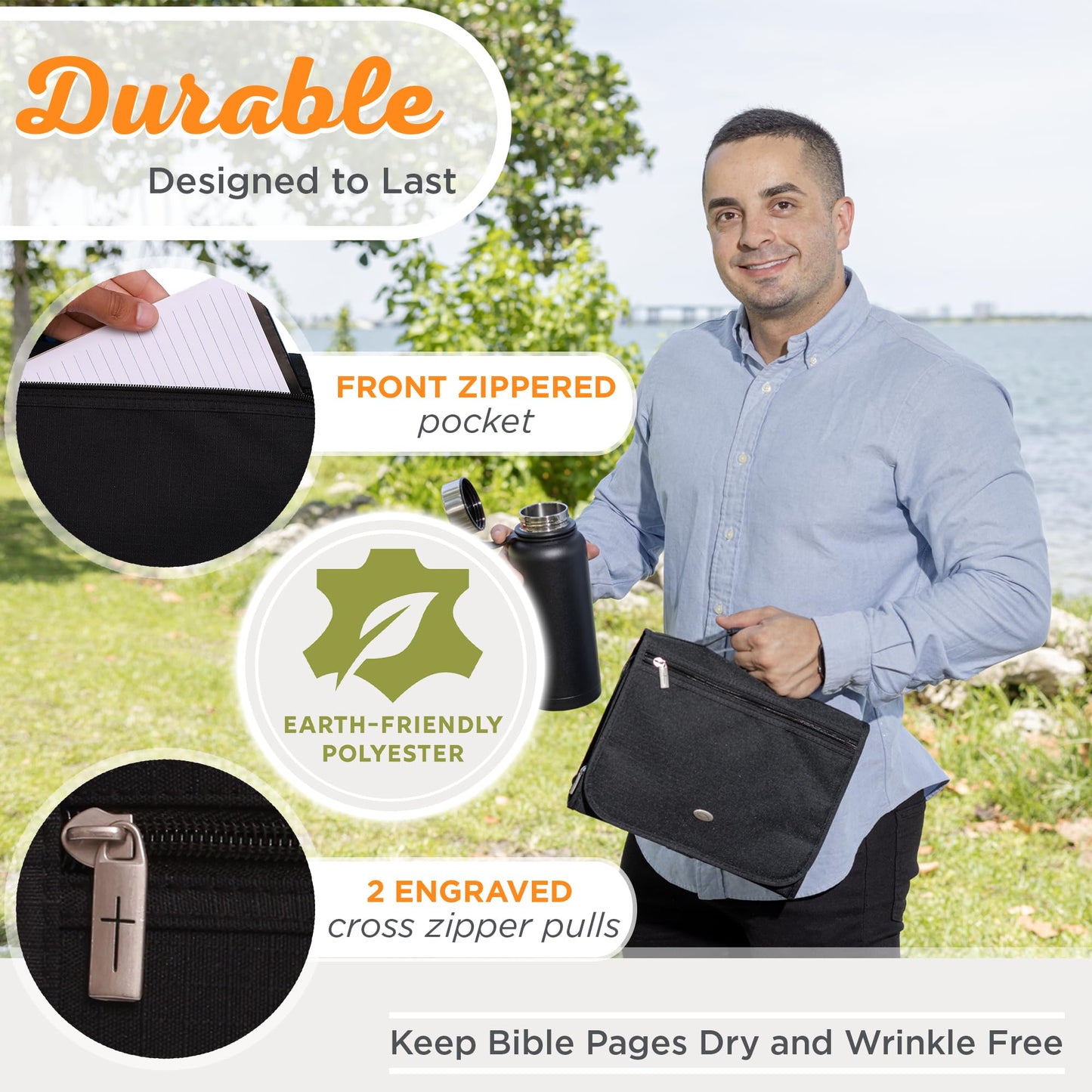 Christian Art Gifts Jesus Fish Badge Men/Women Tri-Fold Organizer Bible Cover Zipper Closure, Black Canvas, Medium