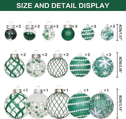 Super Holiday Christmas Ball Ornaments, 33PCS Green Clear Shatterproof Plastic Foam Ornaments Set for Hanging Xmas Tree Holiday Thanksgiving Party Decor.