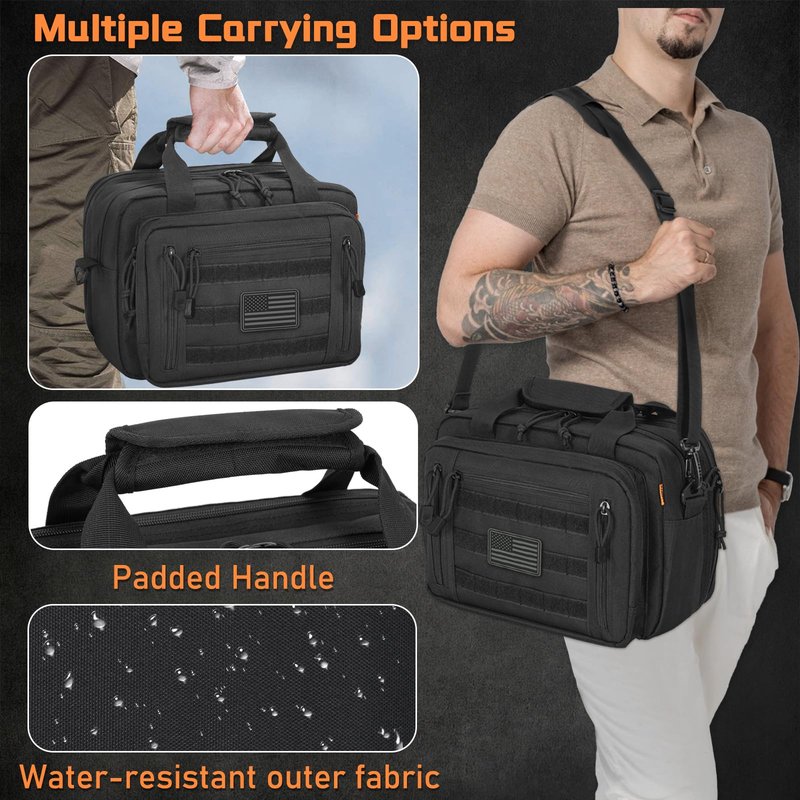 ITHWIU Gun Range Bags For 2 Pistols 6 Magazines, Pistol Case Carrying Shooting Bag with Lockable Zipper for Shooting Range Outdoor Hunting, Black