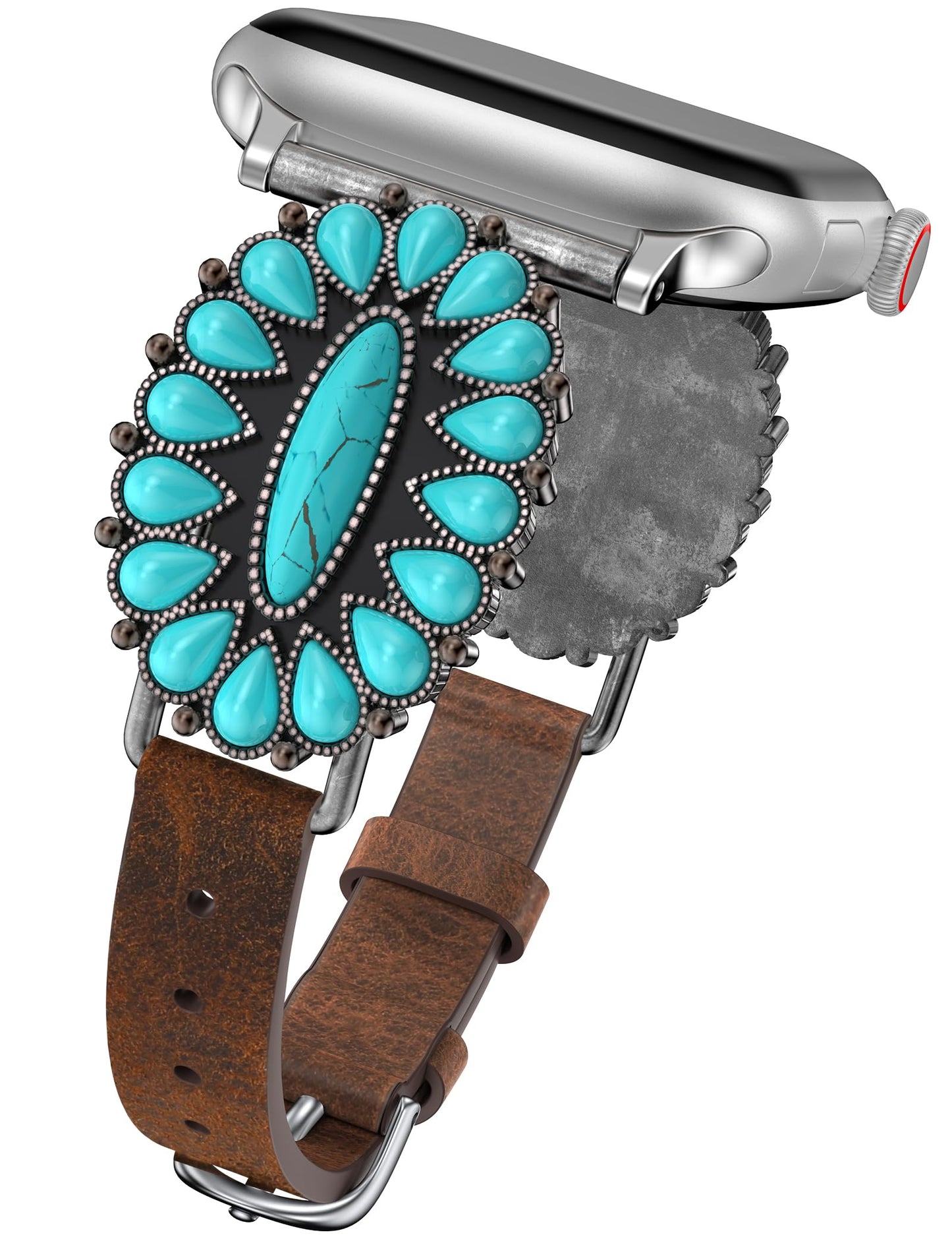 Minyee Leather Band Compatible with Apple Watch Band Women 42/46/38/40/41/44/45/49mm, Western Boho Turquoise Vintage Retro Designer Brown Slim Thin Strap for iWatch Series 11 10 9 SE 8 7 6 5 4 Ultra