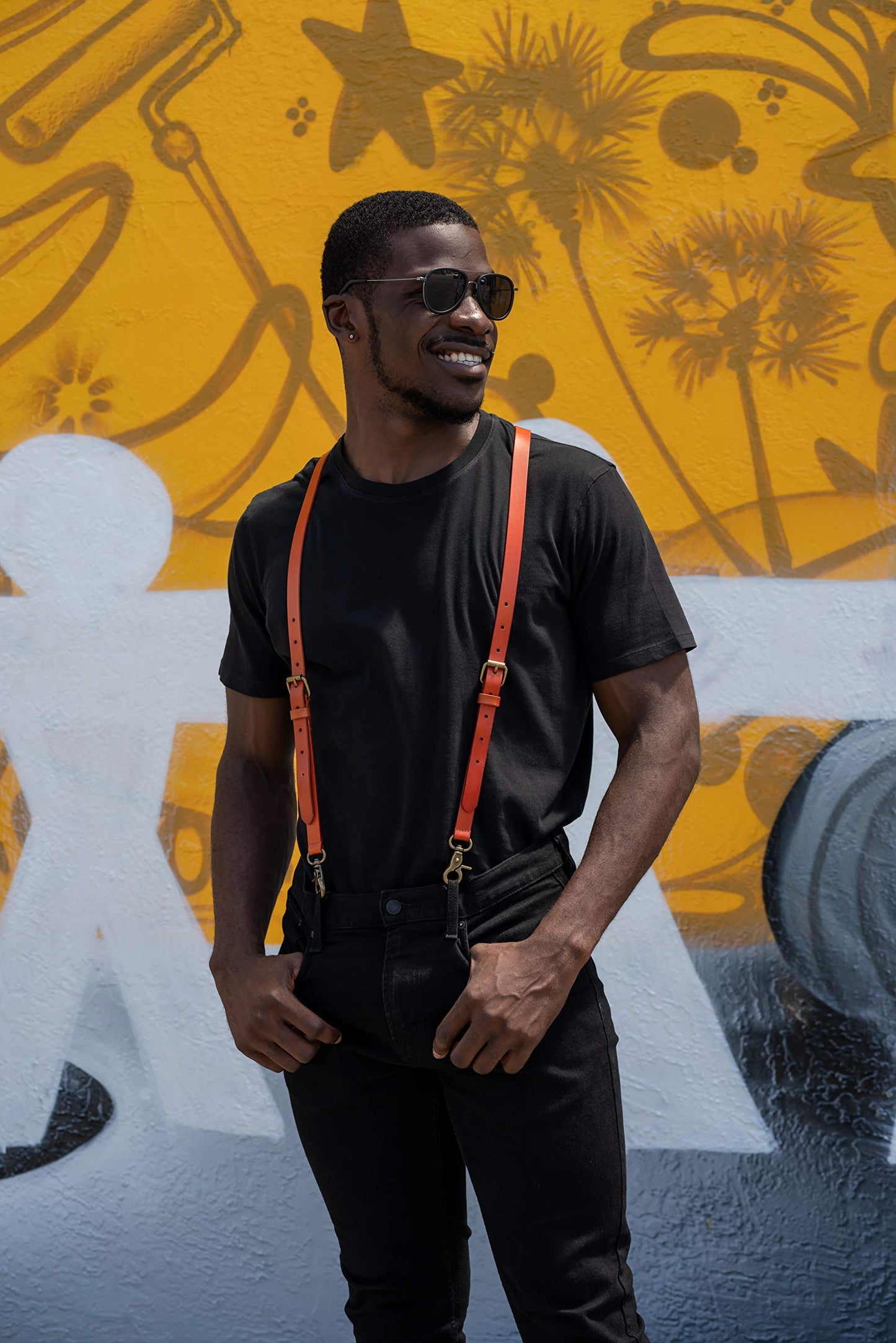 Lawevan Men's Brown Shiny Genuine Leather Suspenders, Steampunk Style Y back Adjustable Belt Loop, 3 Snap Hooks