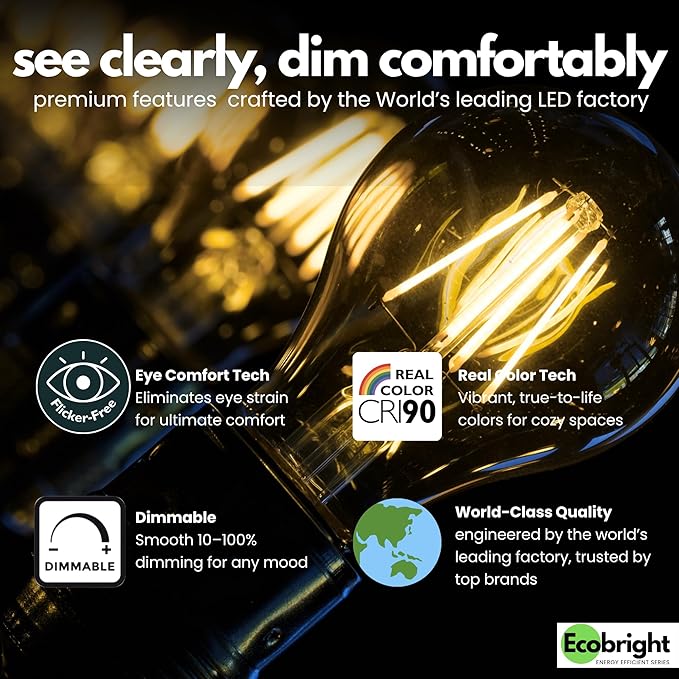 EcoBright 8PK Dimmable A19 LED Filament Bulb, 10W (100W Equivalent), E26 Base, 1100 Lumens, CRI90+, Flicker-Free Clear Glass, Energy Star Title 20, Warm White 2700K