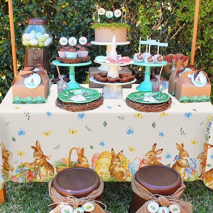 Easter Bunny Tablecloth 54"x108" Rectangle Vintage Easter Floral Butterflies Flower Leaf Egg Rabbit Fabric Table Cover for Happy Easter Spring Holiday Birthday Wedding Outdoor Picnic Party Supplies