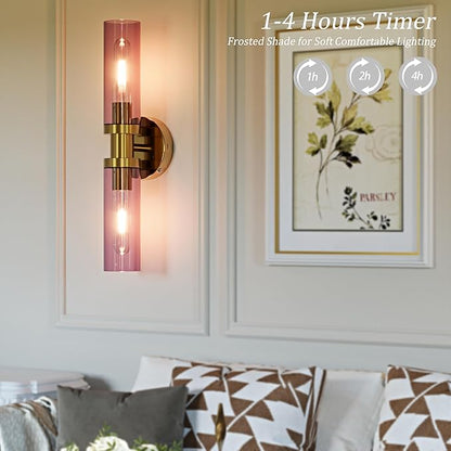 Rechargeable Battery Wall Sconce Set of Two, 8000mAh Cordless, Dimmable, Timer, Remote, Touch Control, USB-C Charging for Living Room, Bedroom Gold with Wine Red Lampshade (Include 4 Special Bulbs)