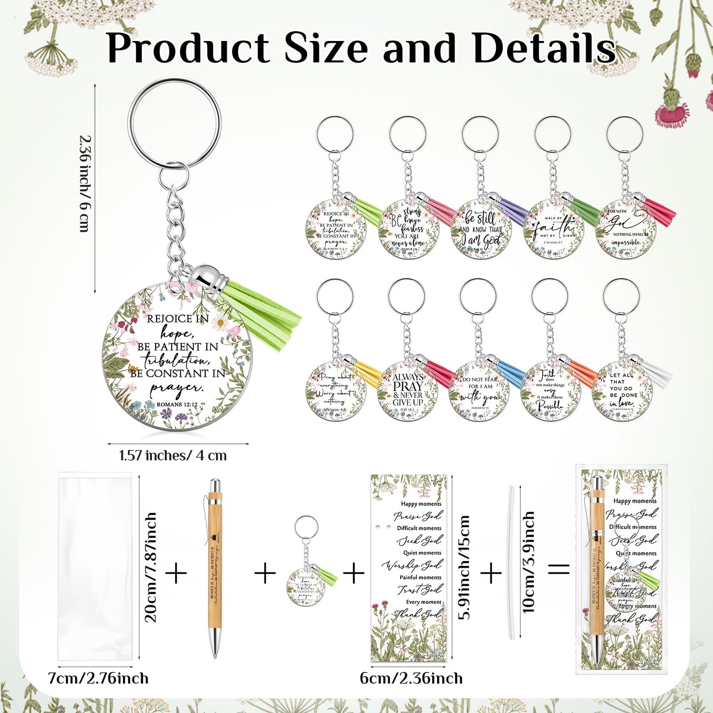 Spakon 10 Sets Fathers Day Christian Gifts Bulk Bible Verse Bamboo Pen Christian Floral Keychain Inspirational Bookmark Religious Church Gift for Church Members Women Sunday School Teacher (Bible)