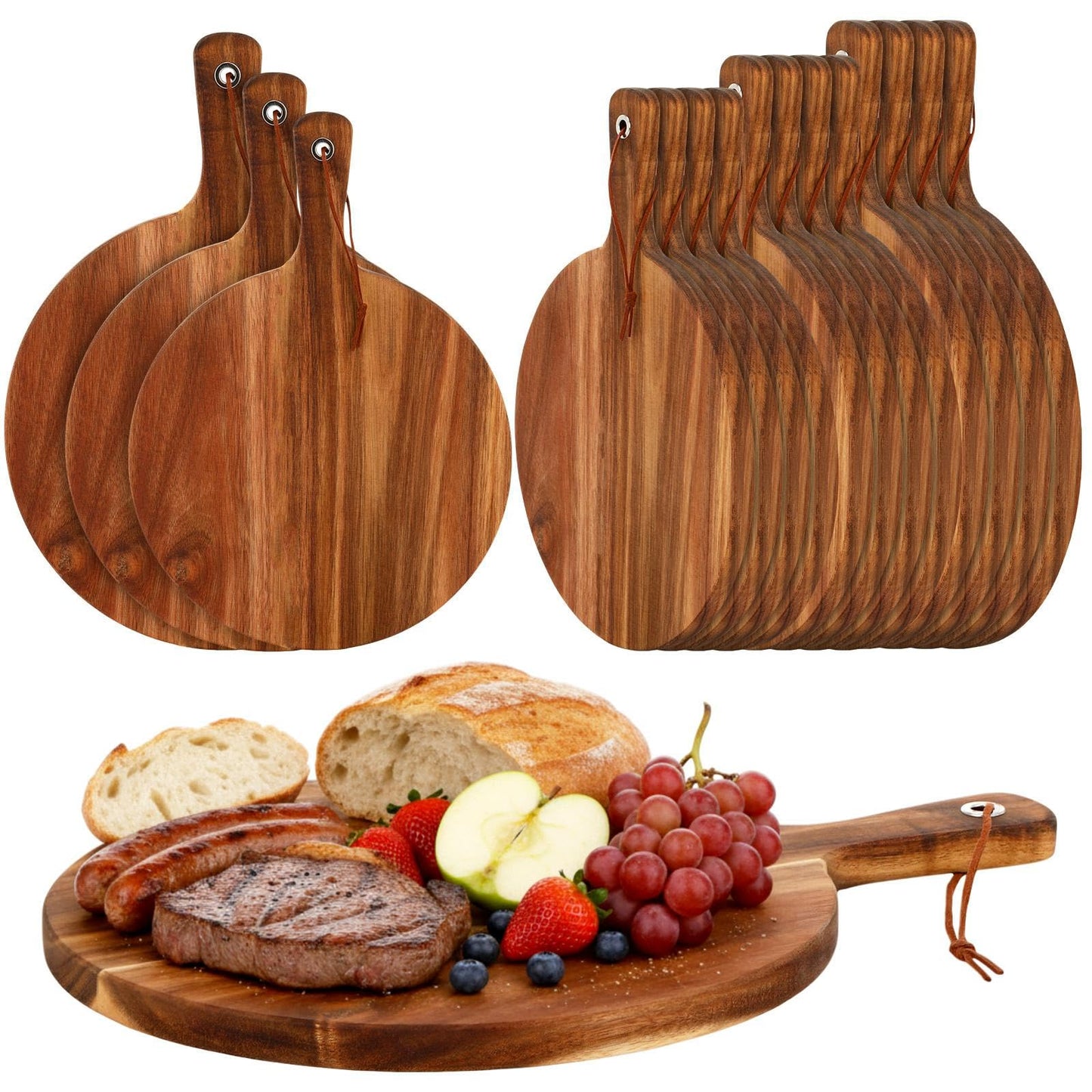 Uiifan 15 Pcs Round Acacia Wood Cutting Board Set with Handle Thick Wooden Charcuterie Board Bulk Large Paddle Chopping Set for Christmas Serving Meat Pizza Bread Baking (3 Sizes)