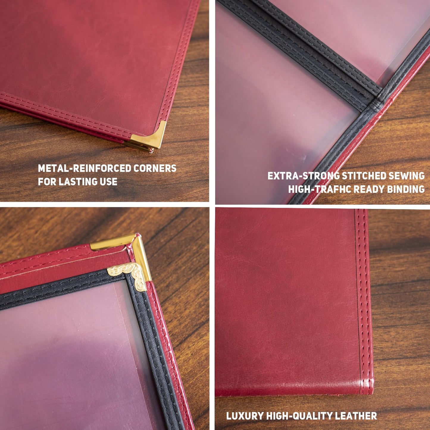 2-Pack Menu Covers 8.5x11 Inch, Burgundy Red Faux Leather Menu Holder, 2-Page 4-View Menu Book for Restaurant Bar Steakhouse, Wine List & Drink Menu