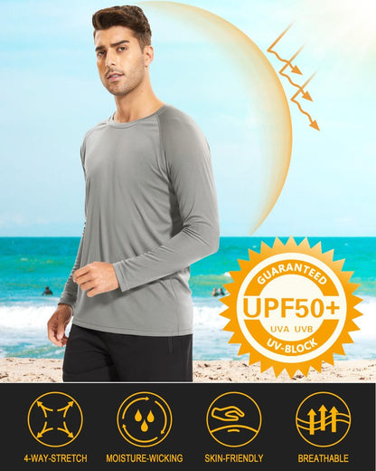 MAGCOMSEN Long Sleeve Shirts for Men Rash Guard Swim UV Sun Running Workout Rashguard Fishing Hiking UPF 50 Shirts Grey