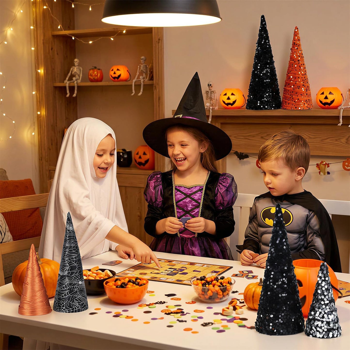 6 PCS 12" 10" 6" Cone Tree Decorations Halloween Sequin Satin Table Centerpieces Decor Black Orange Spider Web Halloween Tiered Tray Ornament Xmas Tree for Home Entryway Tabletop Centerpiece Decor