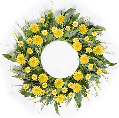 Front Door Wreath for Spring Summer 22"-24" Yellow Daisy Wreath with Artificial Greenery and Wildflowers - Farmhouse Floral Wreaths for Wall Porch Home Indoor Outdoor Décor