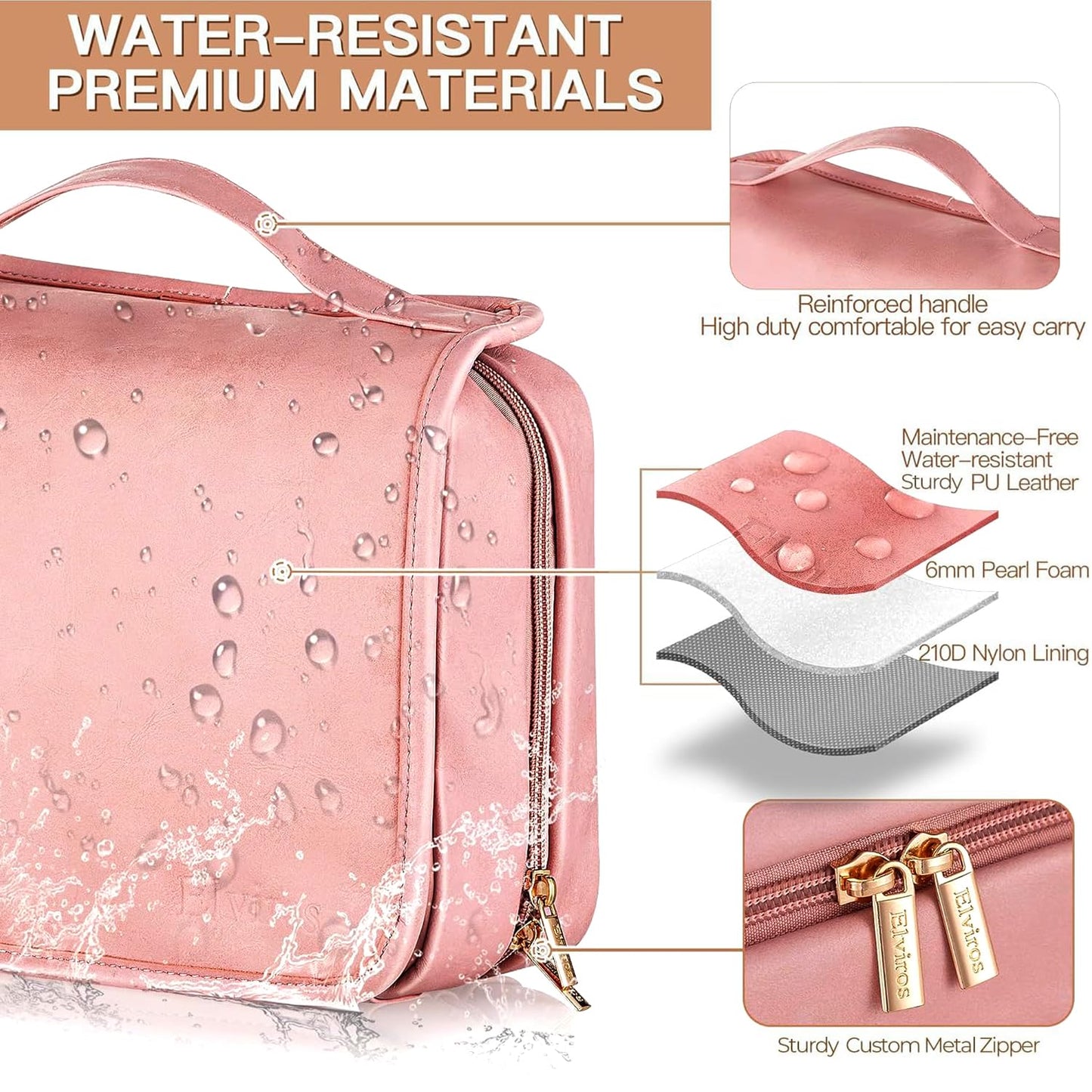 Elviros Hanging Travel Toiletry Bag for Women, 3-in-1 Large Makeup Bag and Cosmetic Organizer, Vegan Leather Waterproof Skincare Case for Travel Size Toiletries and Accessories, Gift for Women