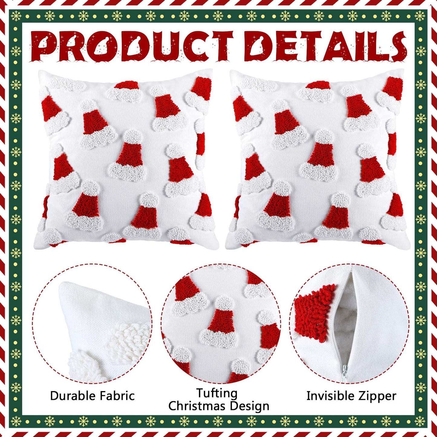 Mixweer 2 Pcs Tufted Christmas Throw Pillow Cover 18 x 18 Inch Santa Hat Pillow Covers 3D Xmas Pillows Case Decorative Soft Cushion Cover for Sofa Couch Bed Room