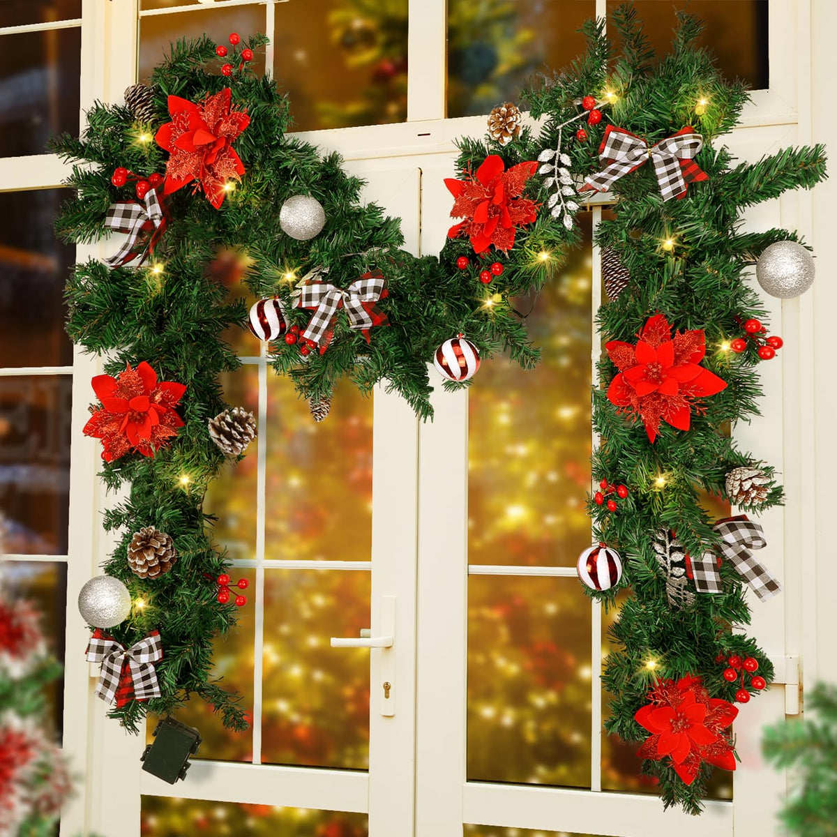 Christmas Garland with Lights,Pre-lit 9ft Christmas Decorations with 50 LED Lights,with Waterproof Battery Box,Indoor&Outdoor Use,for Stairs Fireplace Front Door Porch Home (Battery NOT Include)