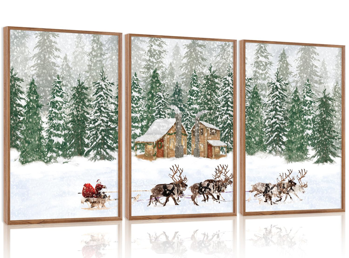 CHDITB Santa Claus Reindeer Sleigh Framed Canvas Wall Art(12"x16"), 3 Panels Christmas Winter Holiday Artwork Prints, Large Rustic Xmas Gift Snow Scene Forest Landscape Decor for Home Office Bedroom