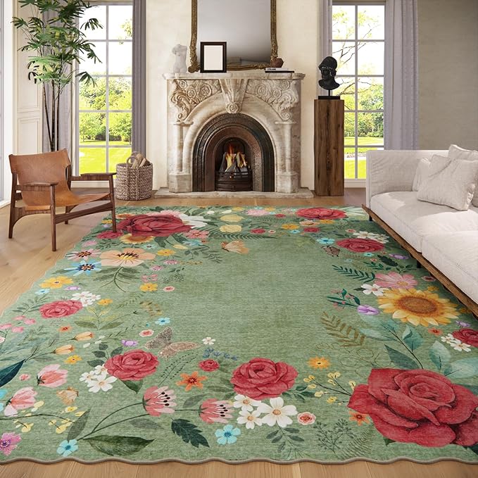 Washable Rugs for Living Room: 8x10 Area Rugs for Bedroom Soft Ultra Thin Stain Resistant Non Slip Low Pile Lightweight Vintage Floral Carpet for Dining Room Decor (Green)