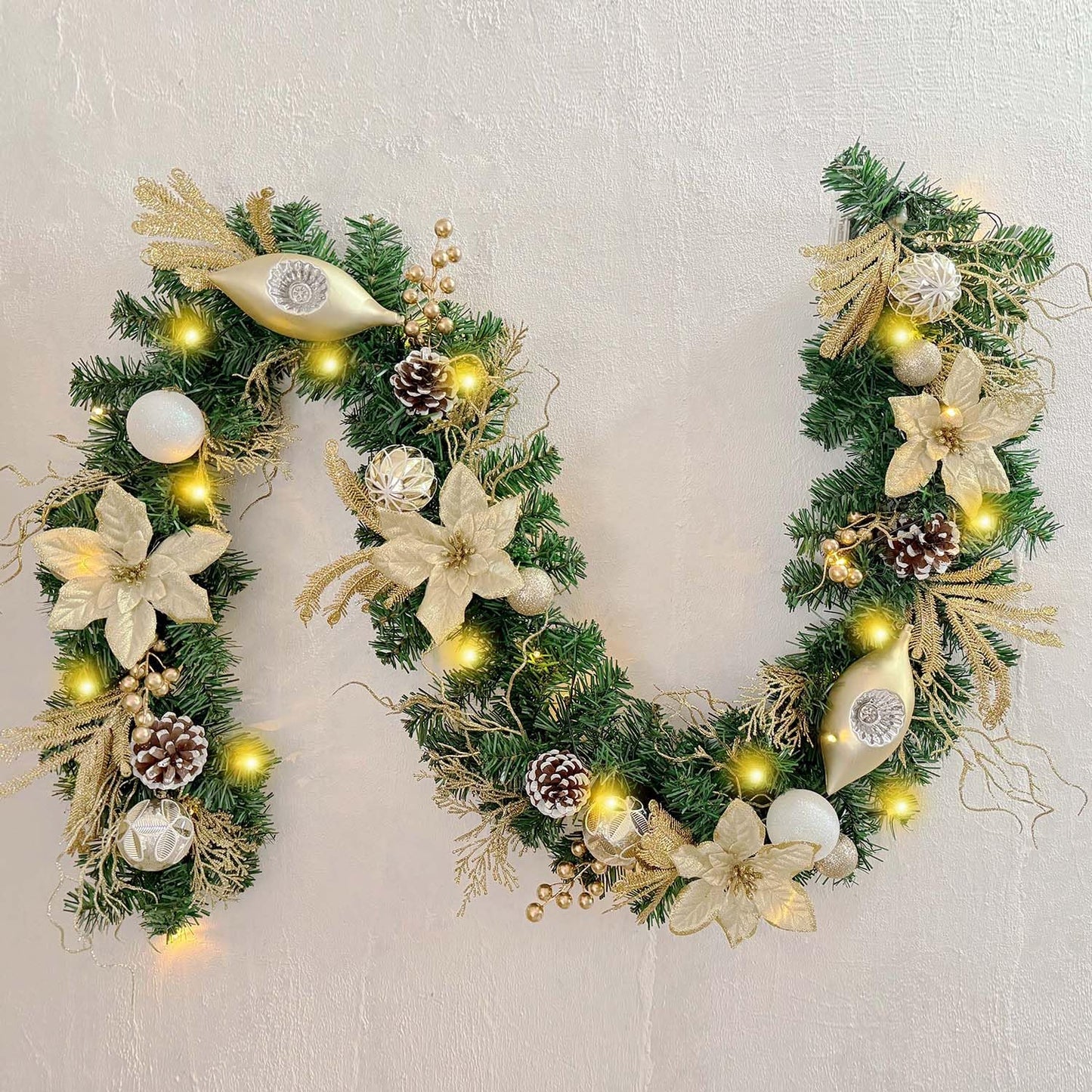 WANNA-CUL Pre-Lit 6 Feet/72 Inch Christmas Garland for Front Door with Lights Champagne Gold Christmas Mantel Garland Decoration with Ball Ornaments, Poinsettia Flowers,Ribbon,Battery Operated 30 LED