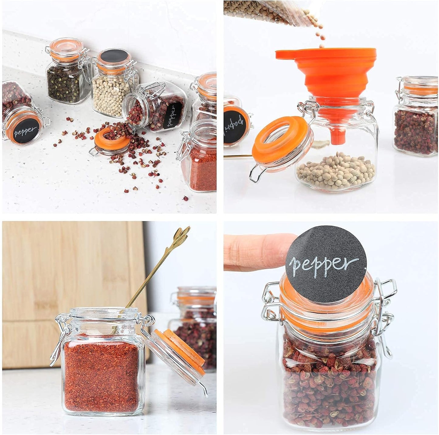 3.4 oz Small Glass Spice Jars with Lables, 24 Pack Empty Mini Square Spice Bottles with Airtight Flip Top Lids, Chalkboard Labels and Collapsible Funnel for Home and Kitchen