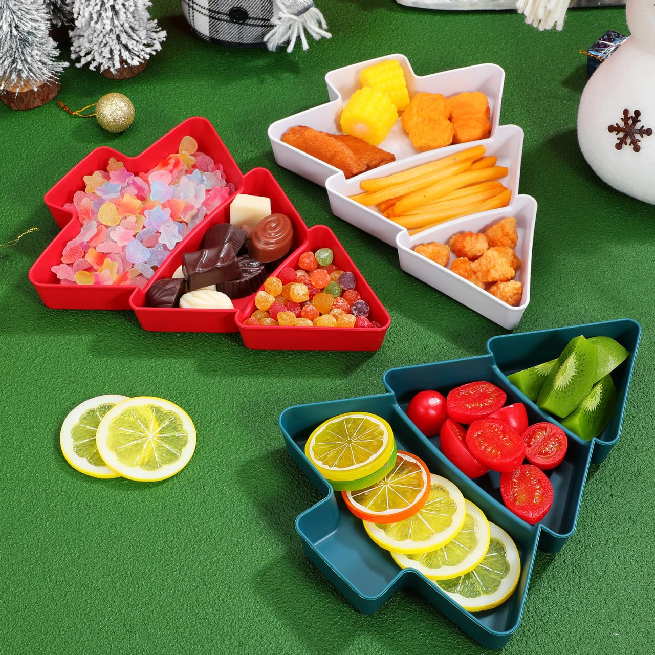DEARMAMY Christmas Tree Snack Tray Set of 3 - Red Green White Plastic Divided Serving Plates for Holiday Parties, Candy, Nuts, Fruits, And Appetizers, Christmas Tree Shaped Platters for Entertaining