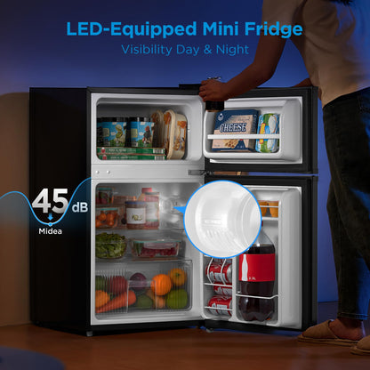 Midea WHD-113FB1 Double Door Mini Fridge with Freezer for Bedroom Office or Dorm with Adjustable Remove Glass Shelves Compact Refrigerator, 3.1 cu ft, Black