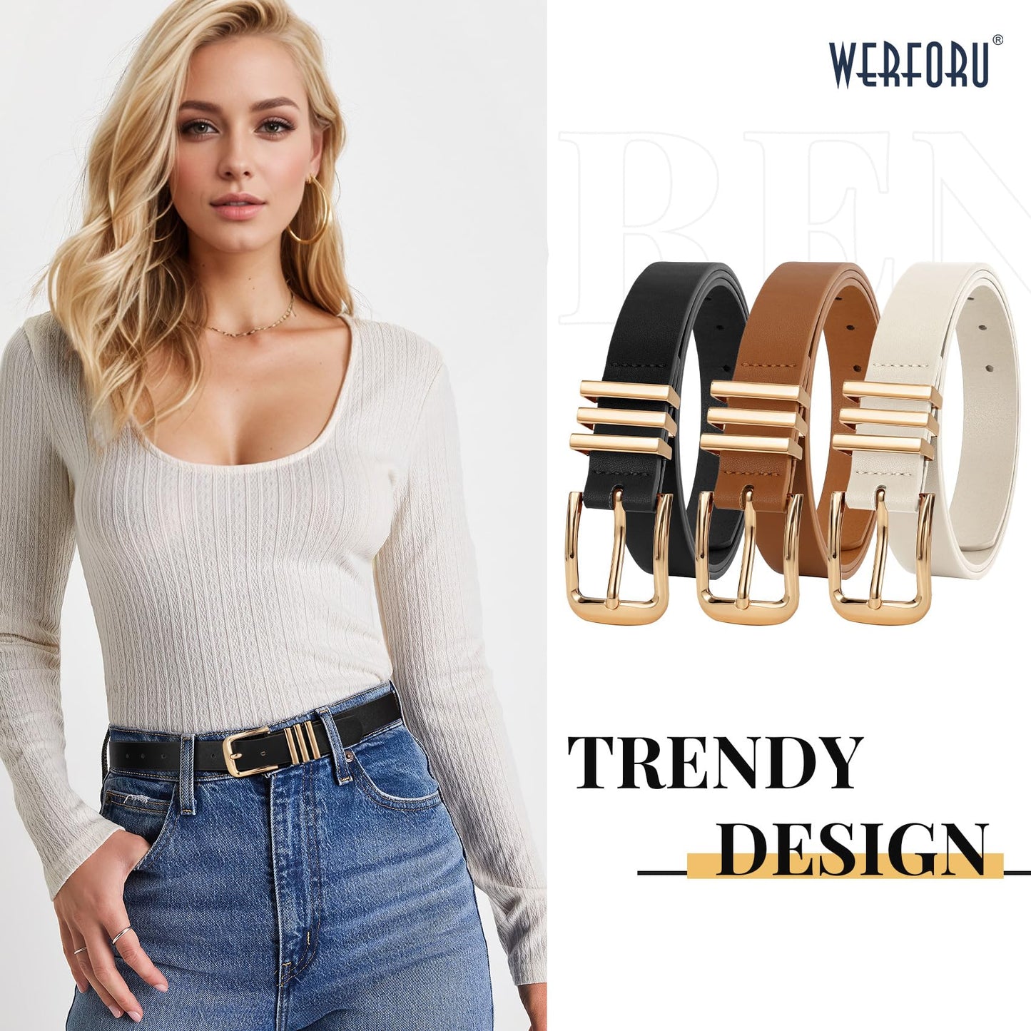 WERFORU 3 PACK Women Belt Women Fashion Leather Belts for Jeans Pants Ladies Belts with Gold Buckle,B-Black+Brown+Beige-gold,Fit Waist Size 32-36 Inches