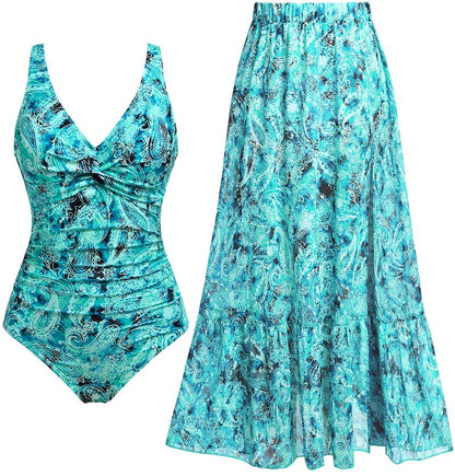 Holipick Green Paisley Women's One Piece Swimsuits with Cover Up Skirt Tummy Control V Neck Two Piece Bathing Suit M