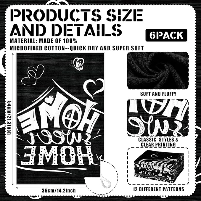 Breling Set of 6 Kitchen Towels Modern Minimalist Dish Towel Black Bathroom