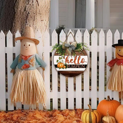 Hello Pumpkin Sign for Front Door Fall Rustic Harvest Hanging Sign With Bow and Wreath Thanksgiving Welcome Wood Sign Door Signs for Farmhouse Autumn Home Porch Wall Holiday 12 Inch