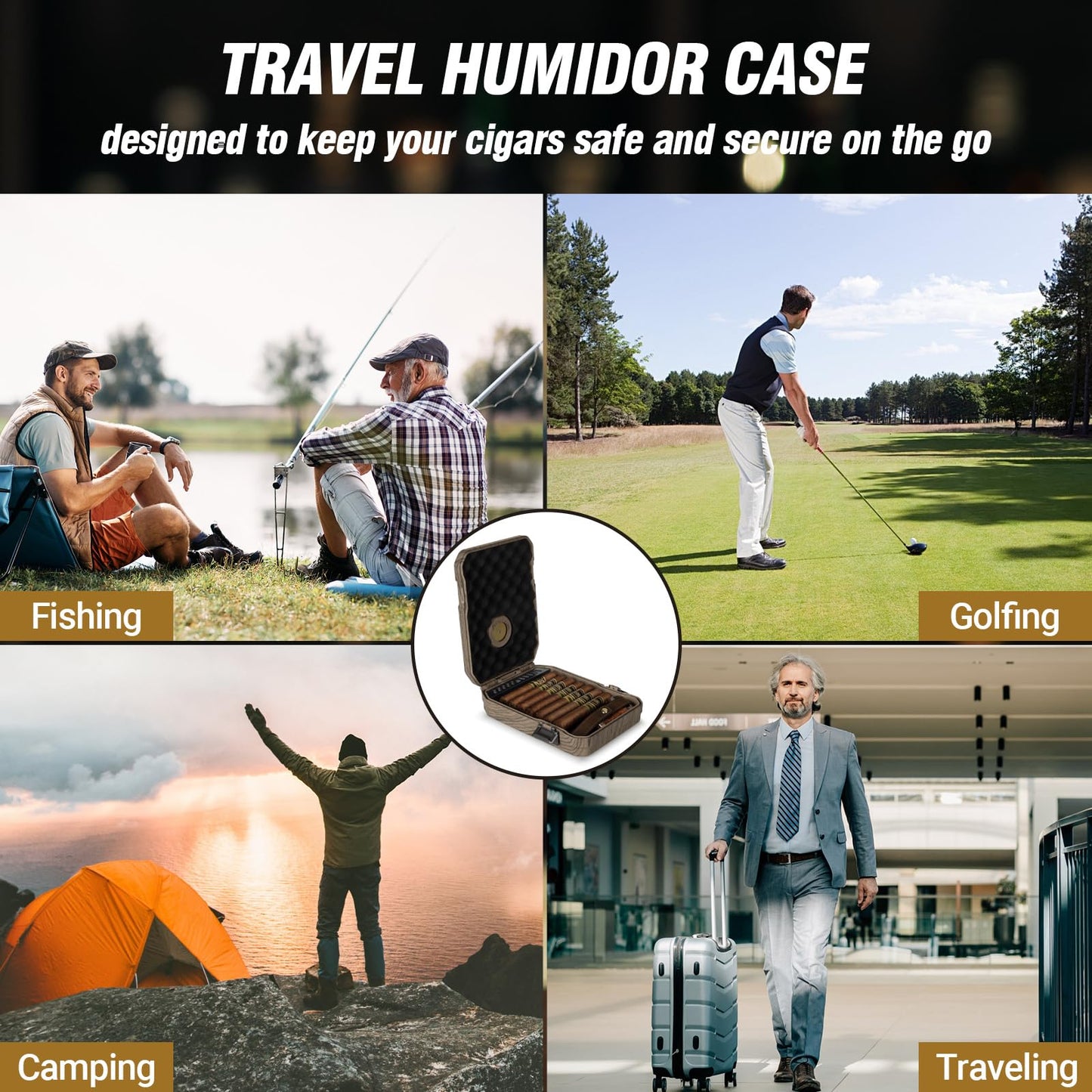 AWOTE Travel Cigar Humidor Case - Cedar Lined, V Cut Cutter, Portable Humidor with Humidifier & Hygrometer, Holds 7-9 Cigars, Includes Lighter - Gift Set