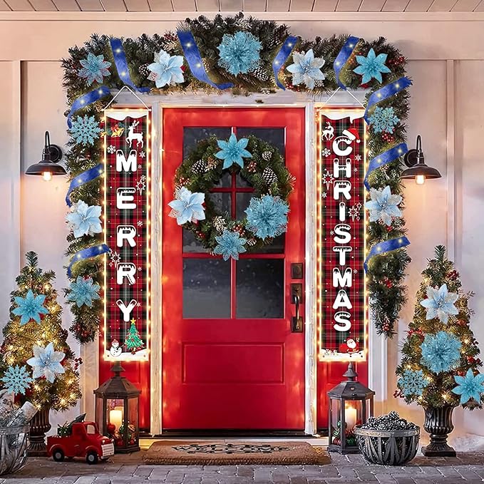 72Pcs Poinsettia Christmas Flowers Decorations with Christmas Ribbon, Blue Christmas Decorations,9 Styles Glitter Artificial Poinsettia Christmas Tree Ornaments for Wreath Garland Holiday Decor(Blue)