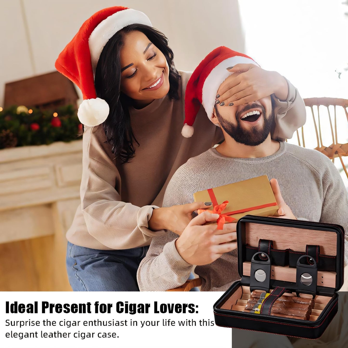 Cigar Case,Travel Humidor,4 Pack Black Cedar Wood Leather Case with Cigar Cutter,Humidifier,Ashtray and Towel for Men Home and Travel,Desktop Large Electric Cabinet,Holder Box Accessories as Gift