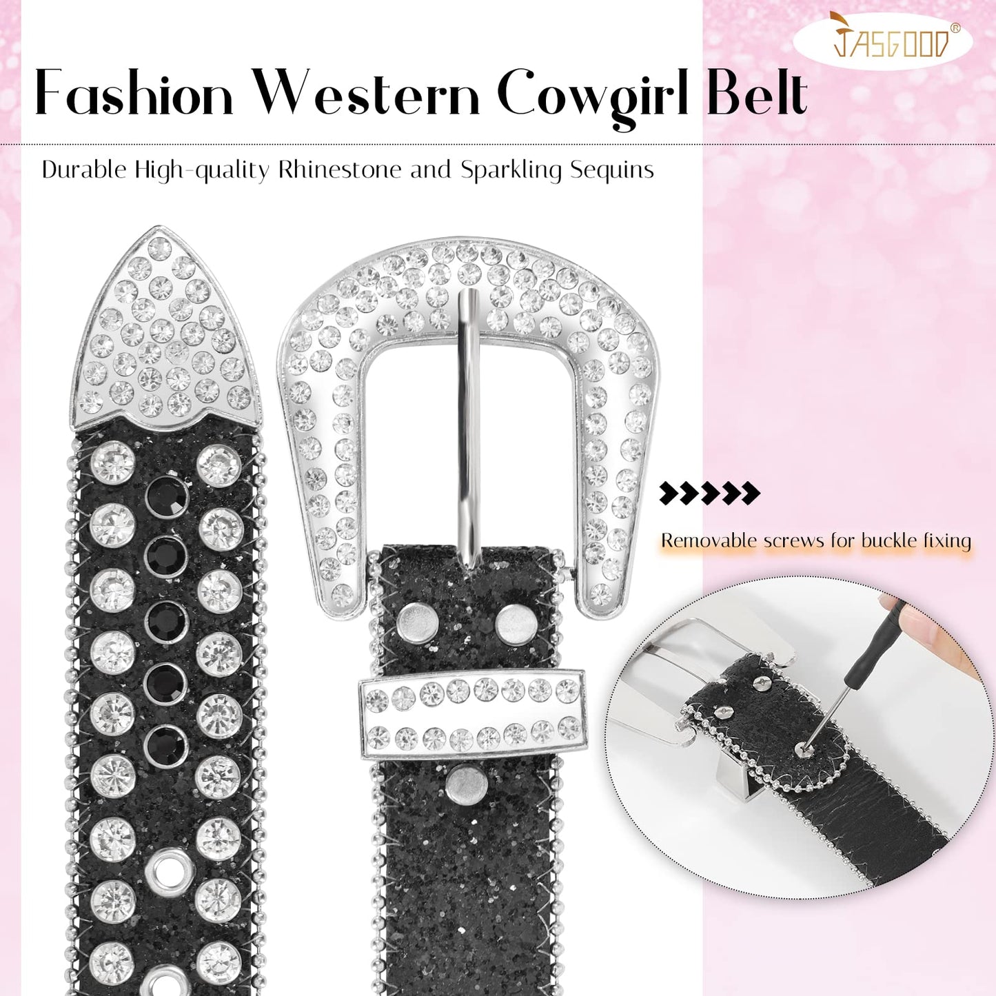 JASGOOD Women Men Rhinestones Belt,Bling Western Cowgirl Cowboy Studded Leather Belt Diamond Waist Belt for Jeans Pants