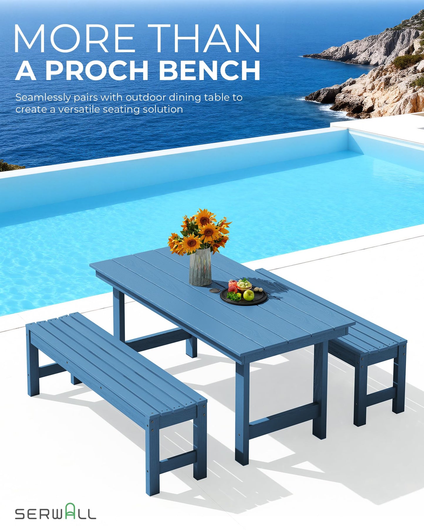 SERWALL 47 Inches Outdoor Bench, All Weather HDPE Backless Bench with Wood Grain Texture for Garden Porch and Park, Curved Bench Seat for Comfort, Blue