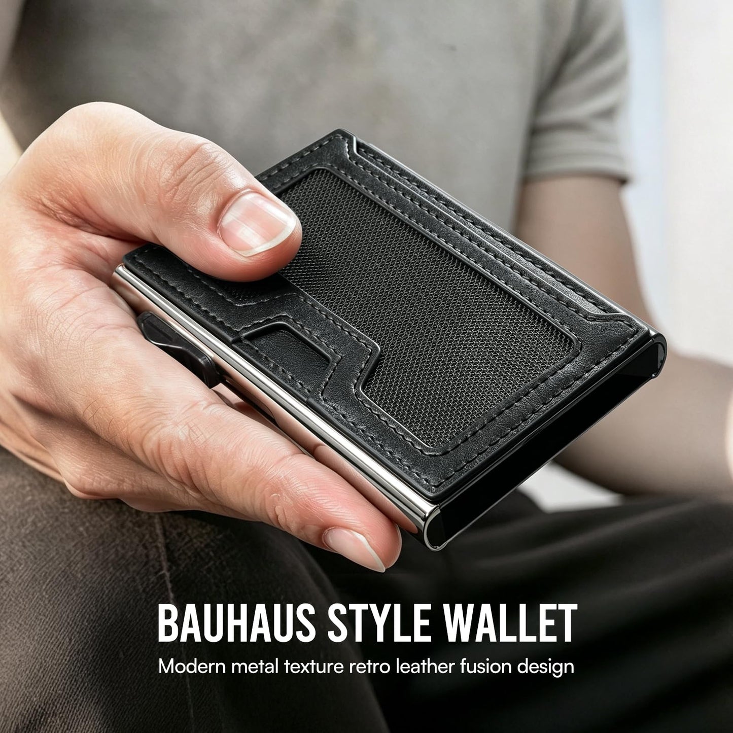 Bauhaus Slim Wallet for Men | RFID NFC Blocking Automatic Ejector | Pop-Up Card Holder Premium Leather Front Pocket Minimalist Mens Wallet Holds 7 Cards + ID + Cash | Gift for Men Black and Sliver
