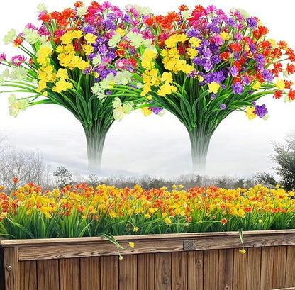 10 Bundles Artificial Flowers, Outdoor Gypsophila Baby's Breath Fake Flowers, UV Resistant Faux Greenery Shrubs Hanging Plants for Home Wedding Garden Porch Window Decoration (Long Leaves)