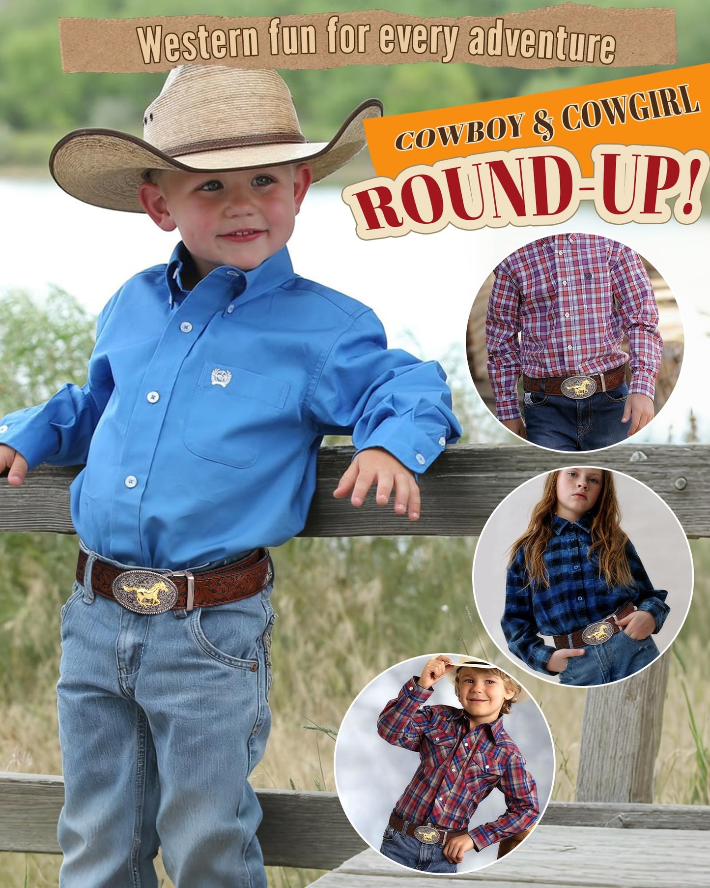 AWAYTR Kids Ratchet Western Belt - PU Leather Cowboy Belt Adjustable Toddler to Big Kid Sizes for Jeans (Gunmetal Gold Horse-Dark Brown, Fit Waist: 23"-26")