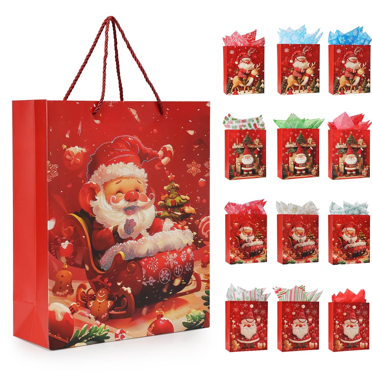 Rusikia 12 Christmas Gift Bags with 12 Tissues and 1 Satin Ribbon - Medium
