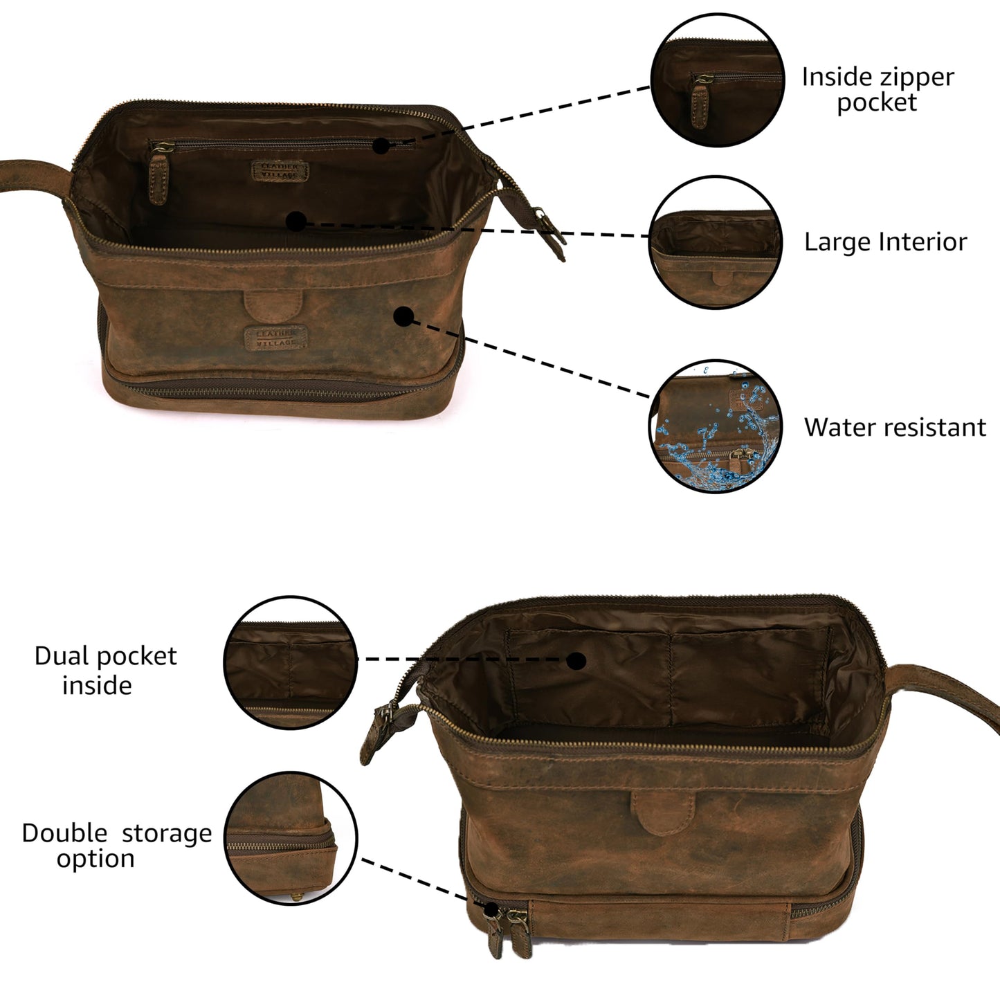 LEATHER VILLAGE Genuine Leather Dopp Kit – Large Travel Toiletry Bag with Waterproof Lining, Dual-Zip Design for Men & Women, Organizer for Shaving, Makeup & Essentials - Brown