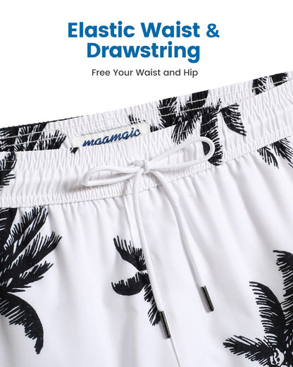 maamgic Mens Swim Trunks with Compression Liner 5 Inch, Quick Dry Bathing Suit with Zipper Pockets, Stretch No-Chafing Swim Shorts, White-Palm Tree XX-Large