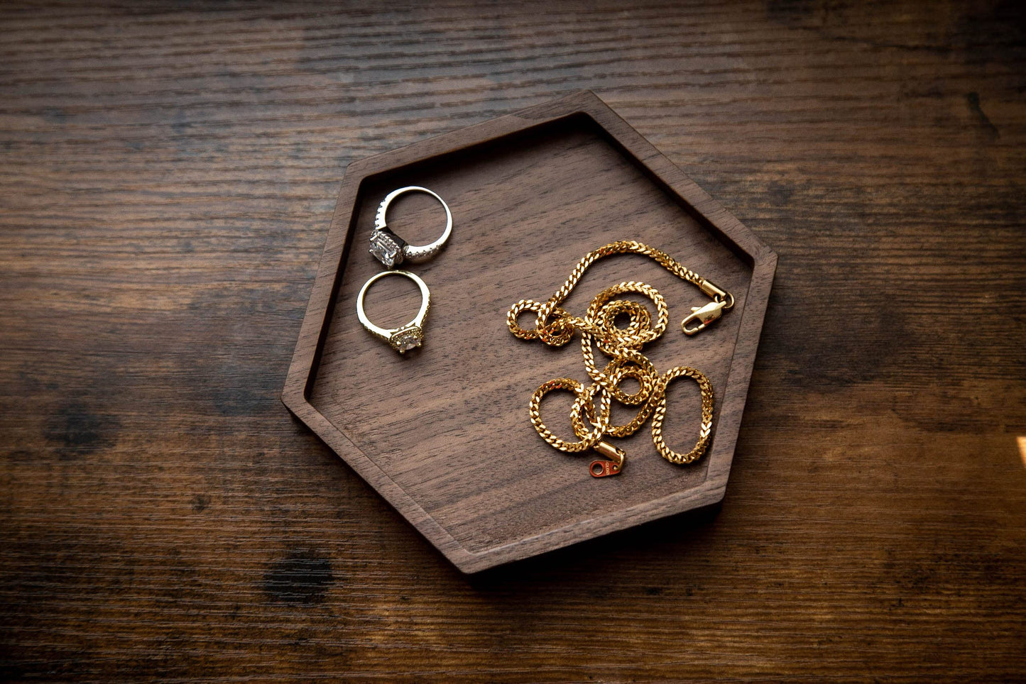 Hexagon Wood Ring Dish - Everyday Catchall Trinket EDC Tray for Men Women, Store Your Watches Cufflinks Rings Earrings Keys Coins, Father's Day for Husband Dad Son (Blank)